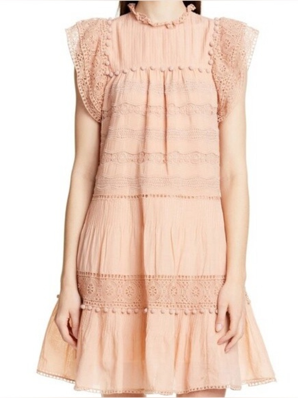 Ulla Johnson Nora Crochet Trim Trapeze Dress, Peach Lace